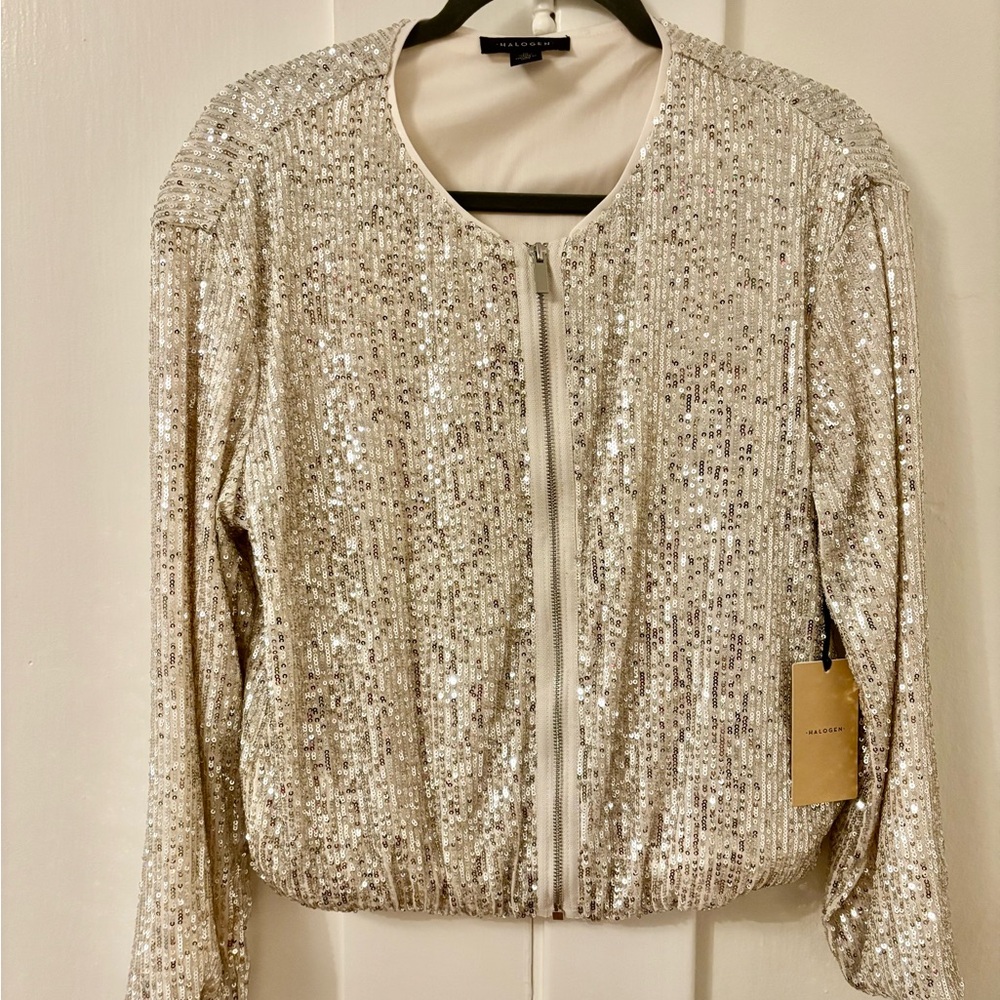 Halogen Silver Sequin Bomber Jacket - image 1